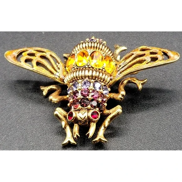 JOAN RIVERS BUMBLEBEE BROOCH PIN MULTI-COLOR CRYSTAL SIGNED RED ORANGE RED‎ EYES
